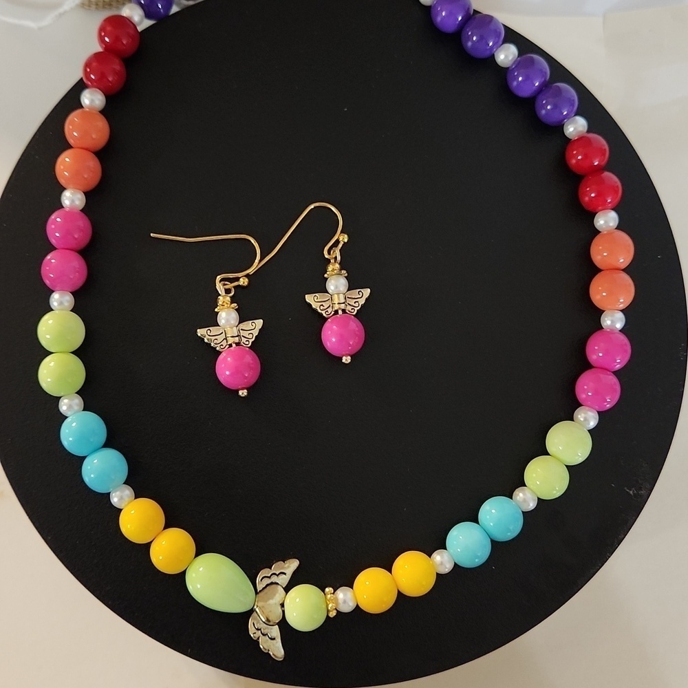 Hand Crafted Necklace and Pierced Drop Earrings Angel Wings Pearls Pink Beads